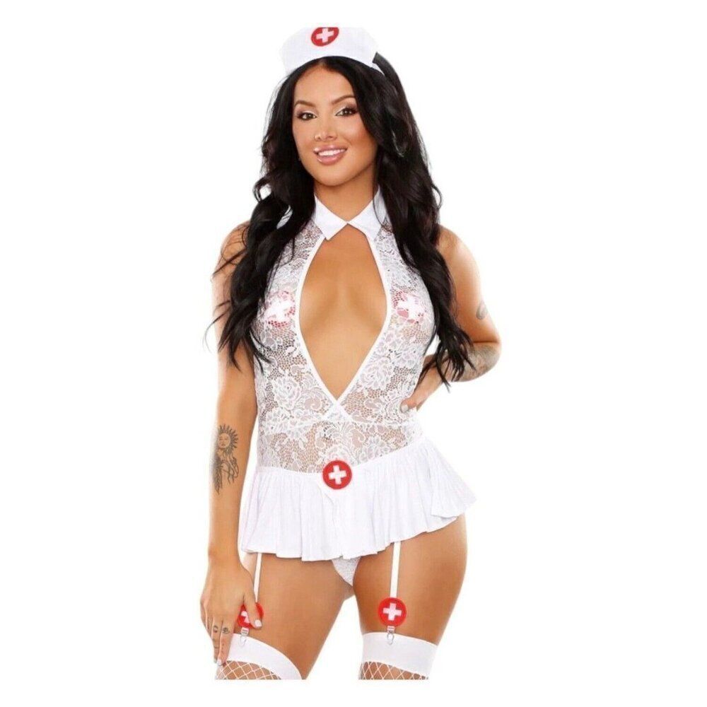 Love Hurts L/XL Nurse Costume Set Hat Teddy Garter Skirt & Panty White Lingerie